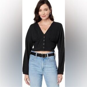 Madewell Black Deep V-Neck Terry Crop Top with Button-Front size M